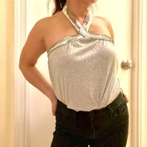 Express gray and sliver sequin halter top.
